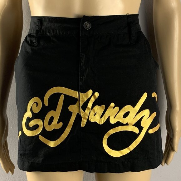 Ed Hardy Skull Poplin Mini Skirt Women’s Sz XL Black Red Multi - Picture 3 of 15